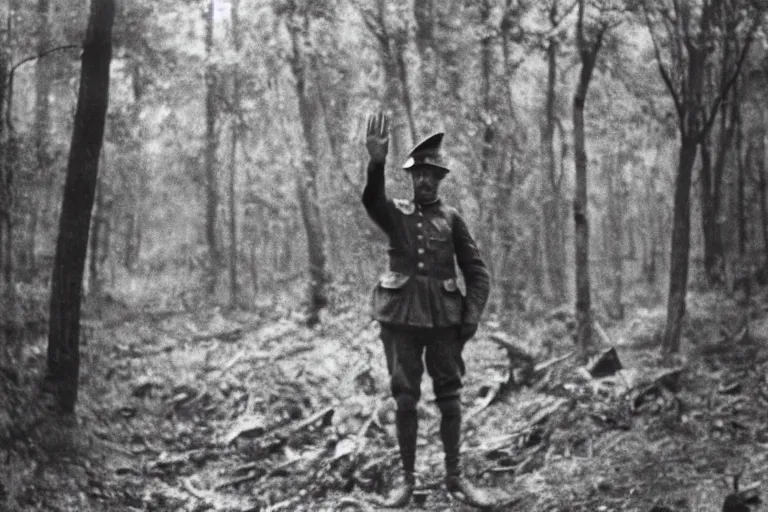 Prompt: an scary creature waving to a guy in the forest, ww1 photo, grainy, high detail, high resolution