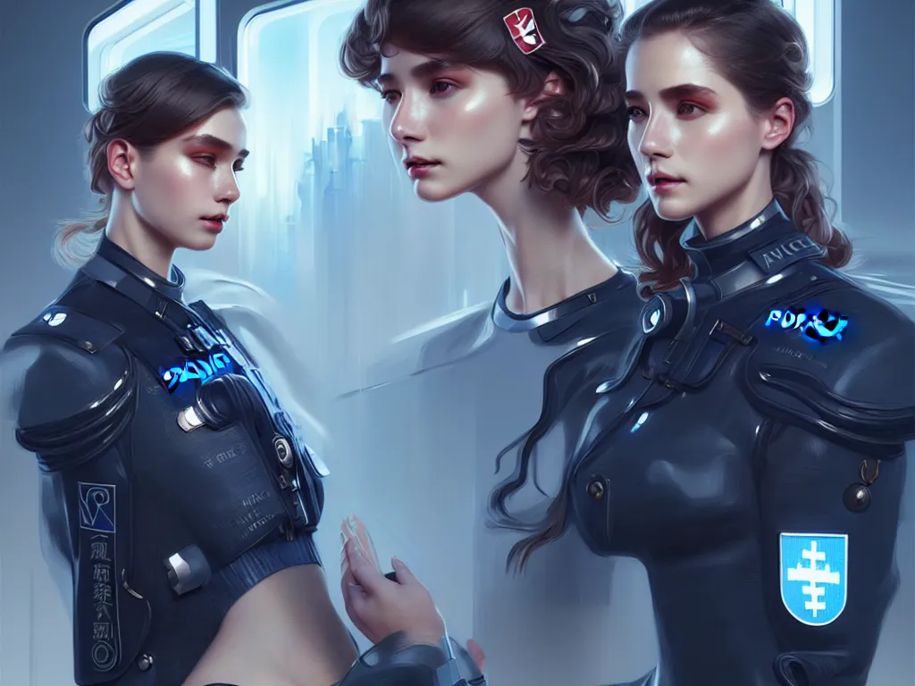 Image similar to portrait futuristic swiss police uniform female, at future neon light rooftop, ssci - fi and fantasy, intricate and very very beautiful and elegant, highly detailed, digital painting, artstation, concept art, smooth and sharp focus, illustration, art by tan zi and ayanamikodon and alphonse mucha and wlop