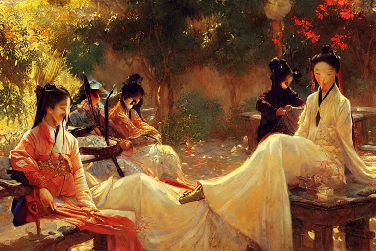 Image similar to wuxia, autumn, people rest in the garden, painting by gaston bussiere, craig mullins, j. c. leyendecker