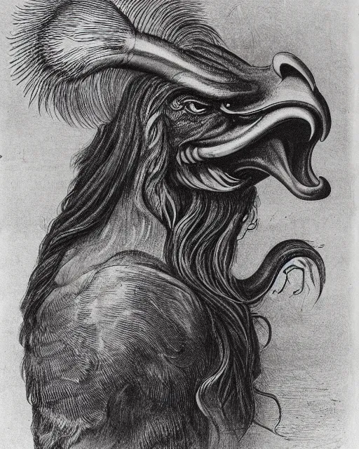 Image similar to human / eagle / lion / ox hybrid with two horns, one big beak, mane, human body. drawn by francis bacon