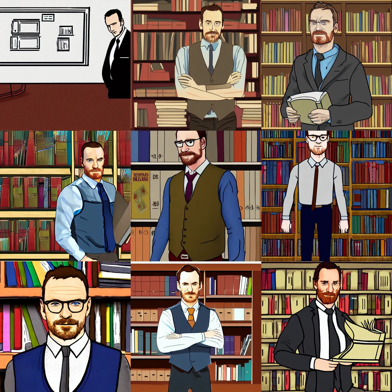 Prompt: Illustration of Michael Fassbender as a college professor with a cleanly trimmed goatee, wearing a vest and a tie, standing in front of a bookshelf in his classroom, wearing reading glasses, concept art, Dungeons & Dragons, Portrait style