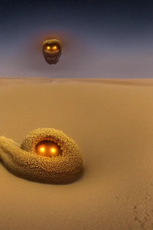 Image similar to hyperrealistic close - up sand worm monster! in dunes highly detailed concept art eric zener elson peter cinematic hard yellow lighting high angle hd 8 k sharp shallow depth of field, inspired by david paul cronenberg and zdzisław beksinski