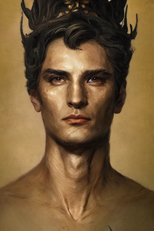 Prompt: a masculine elegant man from sideview and wearing golden laurel wreath, ethereal horror fantasy propaganda art by greg rutkowski and magali villanueve and monet con