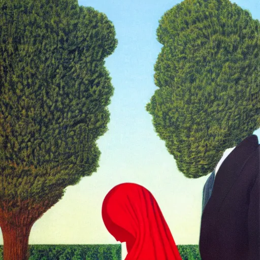 Image similar to a woman in a red dress kissing a man in a suit with both of them having a blanket completely covering their heads, rene magritte style