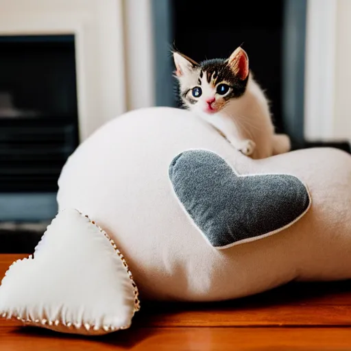 Prompt: A cute little kitten sits on the top of a plush heart-shaped pillow near fireplace, Canon EOS R3, f/1.4, ISO 200, 1/160s, 8K, RAW, unedited, symmetrical balance, in-frame