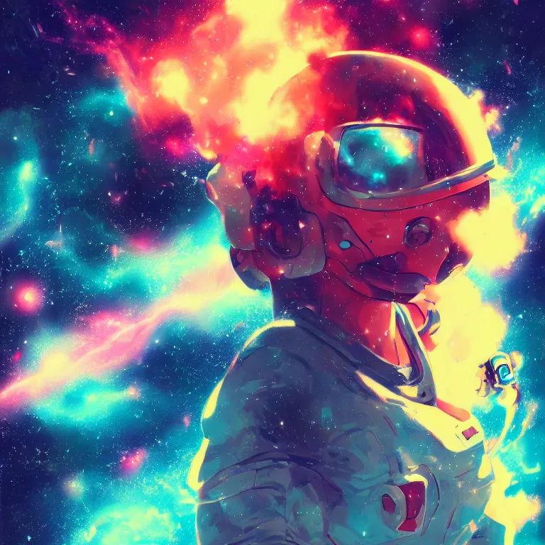 Image similar to anime astronaut in a nebula explosion, pastel, colorful, crowded, horror, artstation, digital art.