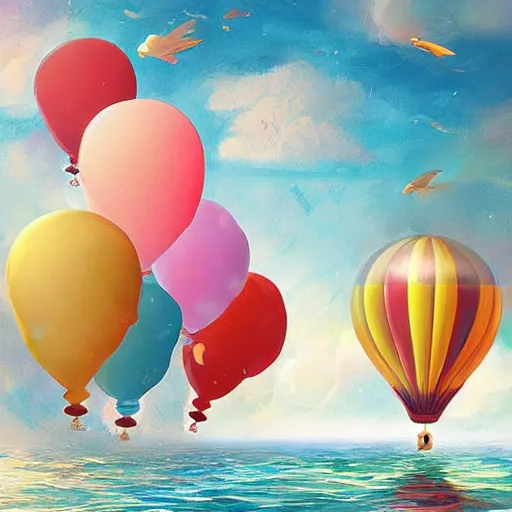 Image similar to digital art of plenty of giant birthday balloons floating above the sea. artstation cgsociety masterpiece