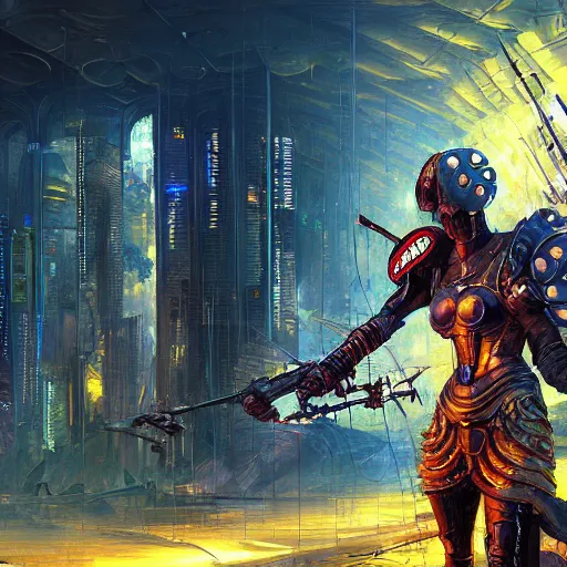 Prompt: cyberpunk warrior cryengine render by android jones, james christensen, rob gonsalves, leonid afremov and tim white