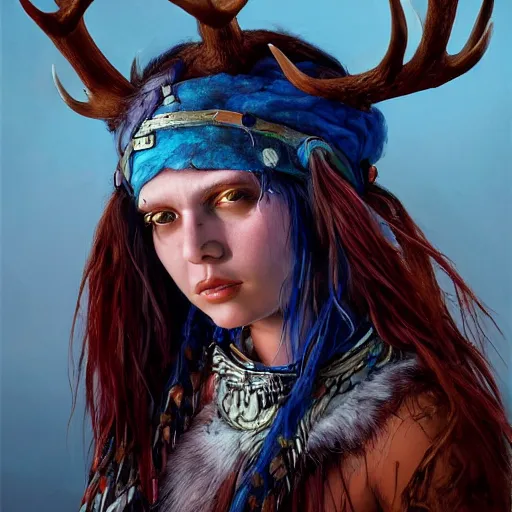 Image similar to A young female shaman, blue hair and antlers on her head. blindfolded, heilung, in the style of Heather Theurer, headshot photoshoot, insanely detailed and intricate, beautiful, elegant, cinematic toplight, portrait, headroom, artstation, karol bak