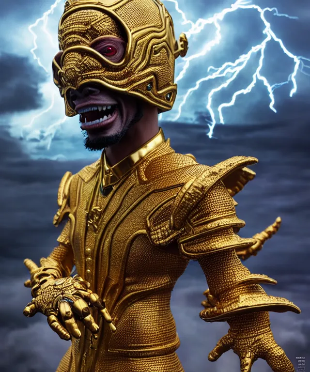 Image similar to hyperrealistic rendering, epic boss battle, ornate supreme snoop dogg, jewel crown, battle armor, by art of skinner and richard corben and artgerm and greg rutkowski and alphonse mucha, product photography, action figure, sofubi, storm clouds, outside, lightning