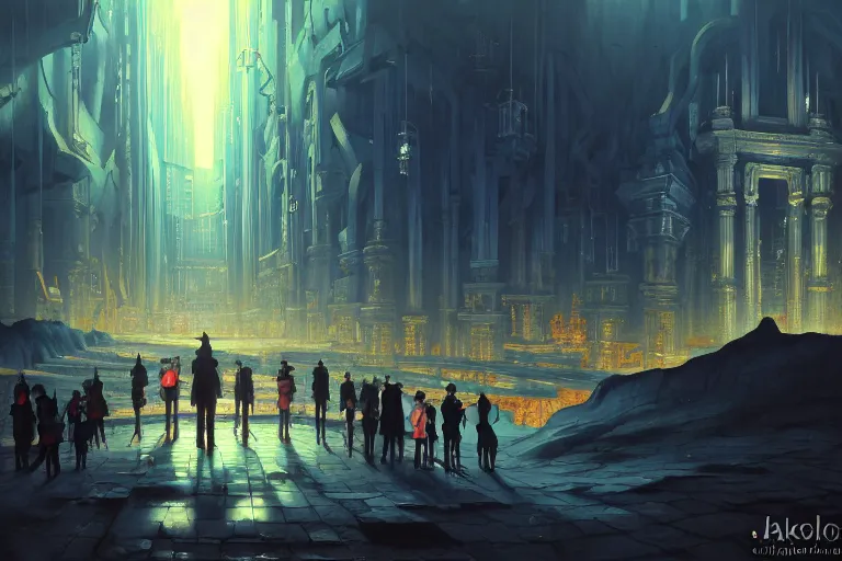 Image similar to baroque oil painting of anime key visual environment concept art of the gates of hell in the middle of a futuristic city, brutalist, dark fantasy, rule of thirds, digital cel shading, fake hidden detail, trending on pixiv fanbox, acrylic palette knife and brush, style of makoto shinkai studio ghibli jamie wyeth james gilleard greg rutkowski