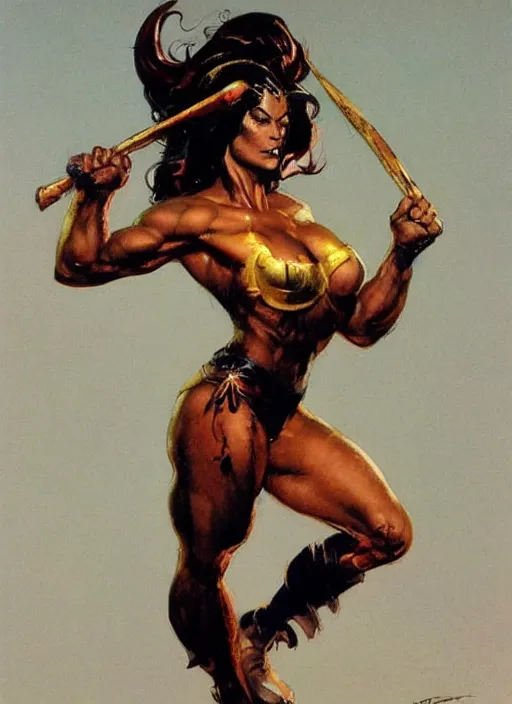 Image similar to mighty golden saint girl, strong line, deep color, beautiful! coherent! by frank frazetta, by brom, low angle