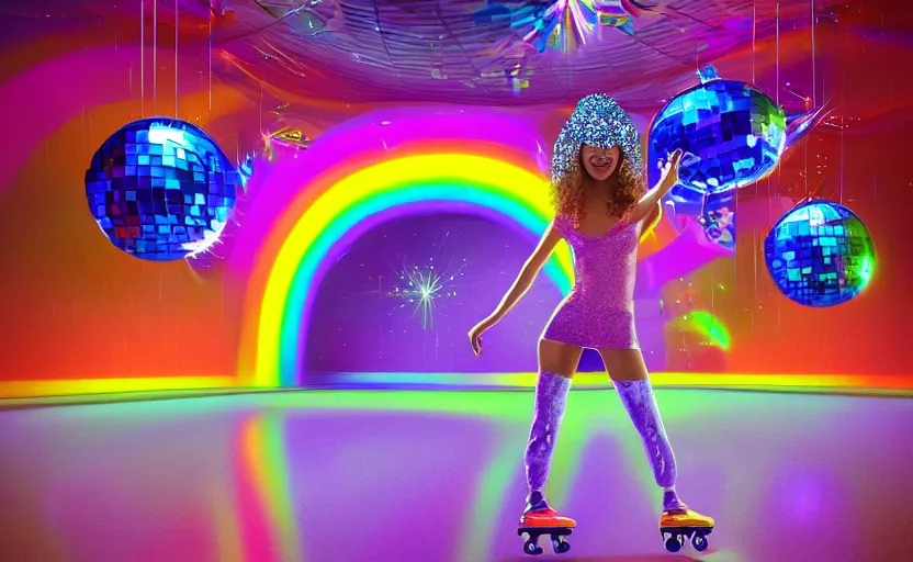 Image similar to “a roller skating diva with a disco ball head in a rollerrink in a psychadelic disco valley with rainbow waterfalls, by Vladimir kush, by josib csoor, by Laurie Lipton, rendered in octane, volumetric lighting, retro color scheme, trending on artstation,”