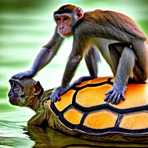 Image similar to nature photograph of a monkey sitting on the back of a turtle. national geographic