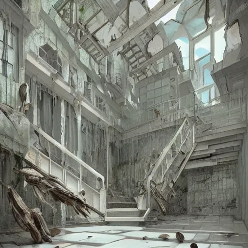 Prompt: a rotten fungus mushroom clump in a bright white hallway with many doors and stairs, Mc Escher architecture, epic composition, decay, by Makoto Shinkai