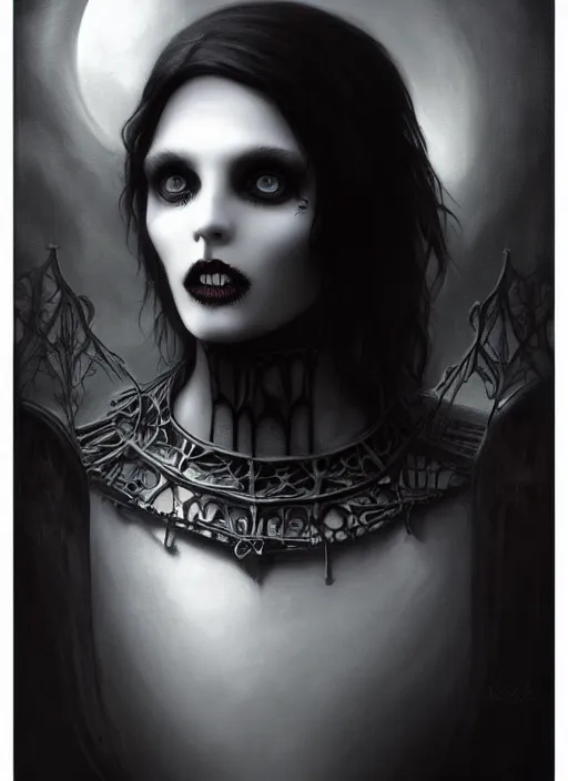 Image similar to By Tom Bagshaw, ultra realist soft painting of a gothic crypt by night, female vampire smile, horror, omnious sky, symmetry accurate features, very intricate details, black and white, volumetric light clouds
