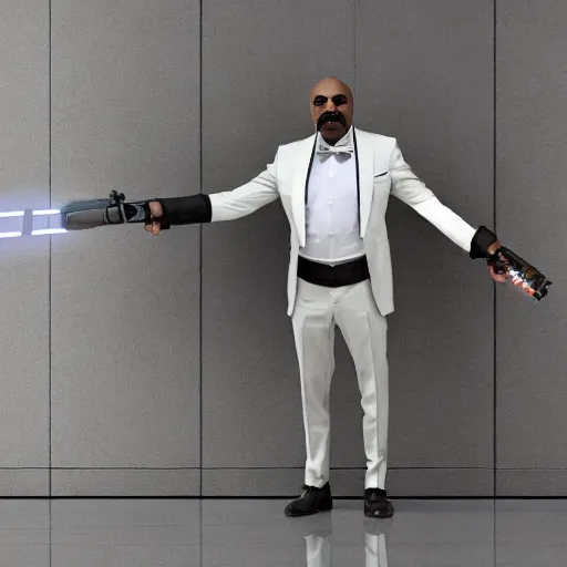 Image similar to steve harvey holding a lightsaber, beautiful dynamic lighting, cinematic, extremely high detail, photo realistic, cinematic lighting, 8 k