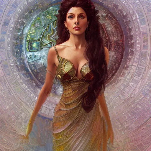 Image similar to ultra realistic illustration, deanna troi as persephone, intricate, elegant, highly detailed, digital painting, artstation, concept art, smooth, sharp focus, illustration, art by artgerm and greg rutkowski and alphonse mucha