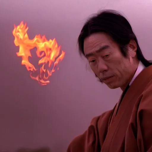 Image similar to cinematic film still of JID starring as a Japanese Sensei with fire, Japanese CGI, VFX, 2003, 40mm lens, shallow depth of field, film photography