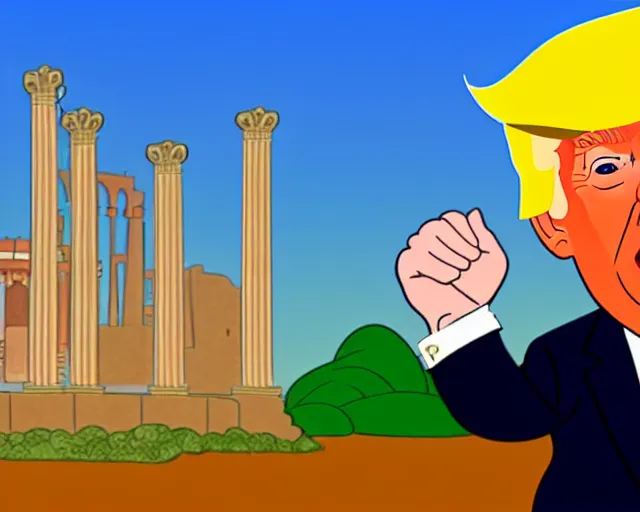 Image similar to donald trump in mathemagic land, in the style of disney, golden ratio, roman pillars, greek architecture, aesops fables, instructional cartoon movie