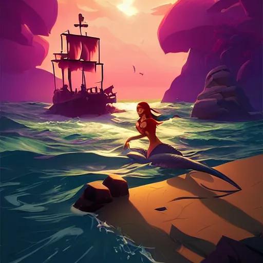 Image similar to painting mermaid treasure on sea of thieves game avatar hero smooth face median photoshop filter cutout vector, behance hd by jesper ejsing, by rhads, makoto shinkai and lois van baarle, ilya kuvshinov, rossdraws global illumination