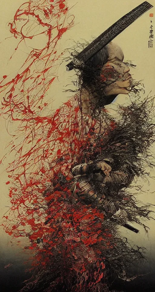 Image similar to Japanese schoolgirl runs away from Samurai with a katana on the subway, high detailed Beksinski painting, part by Adrian Ghenie and Gerhard Richter. art by Takato Yamamoto. masterpiece