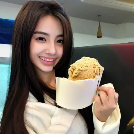 Prompt: angelababy eating a big poly-poop ice-cream