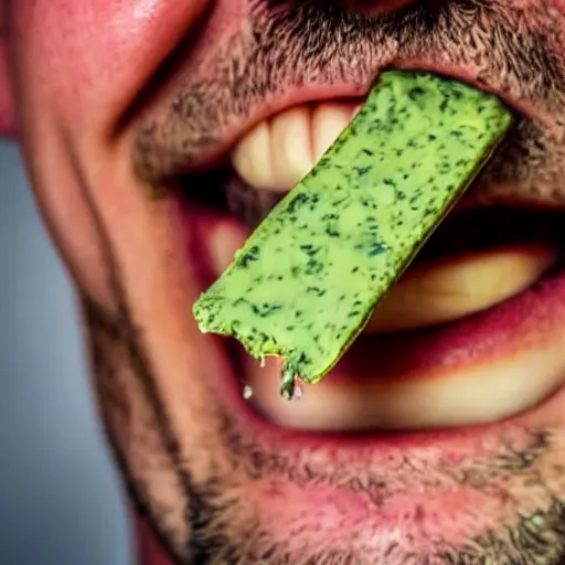Prompt: closeup of a man tasting a stinking old green cheese driping green blood