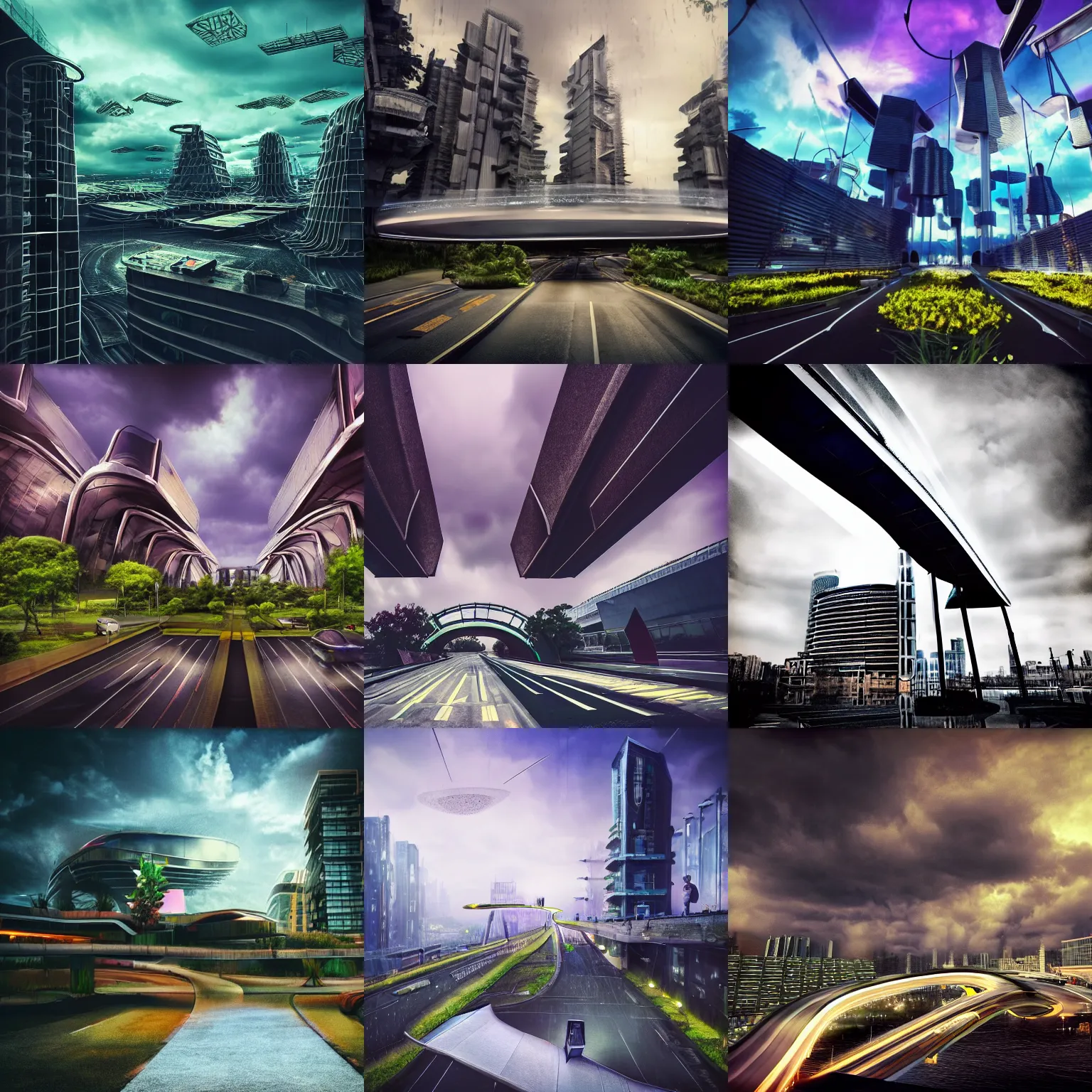 Prompt: futuristic landscape, bloom, dark, dramatic light, magical light, levitating buildings, architecture, bridge, lians, plants, sky, clouds, rain, dystopia, neon, rats