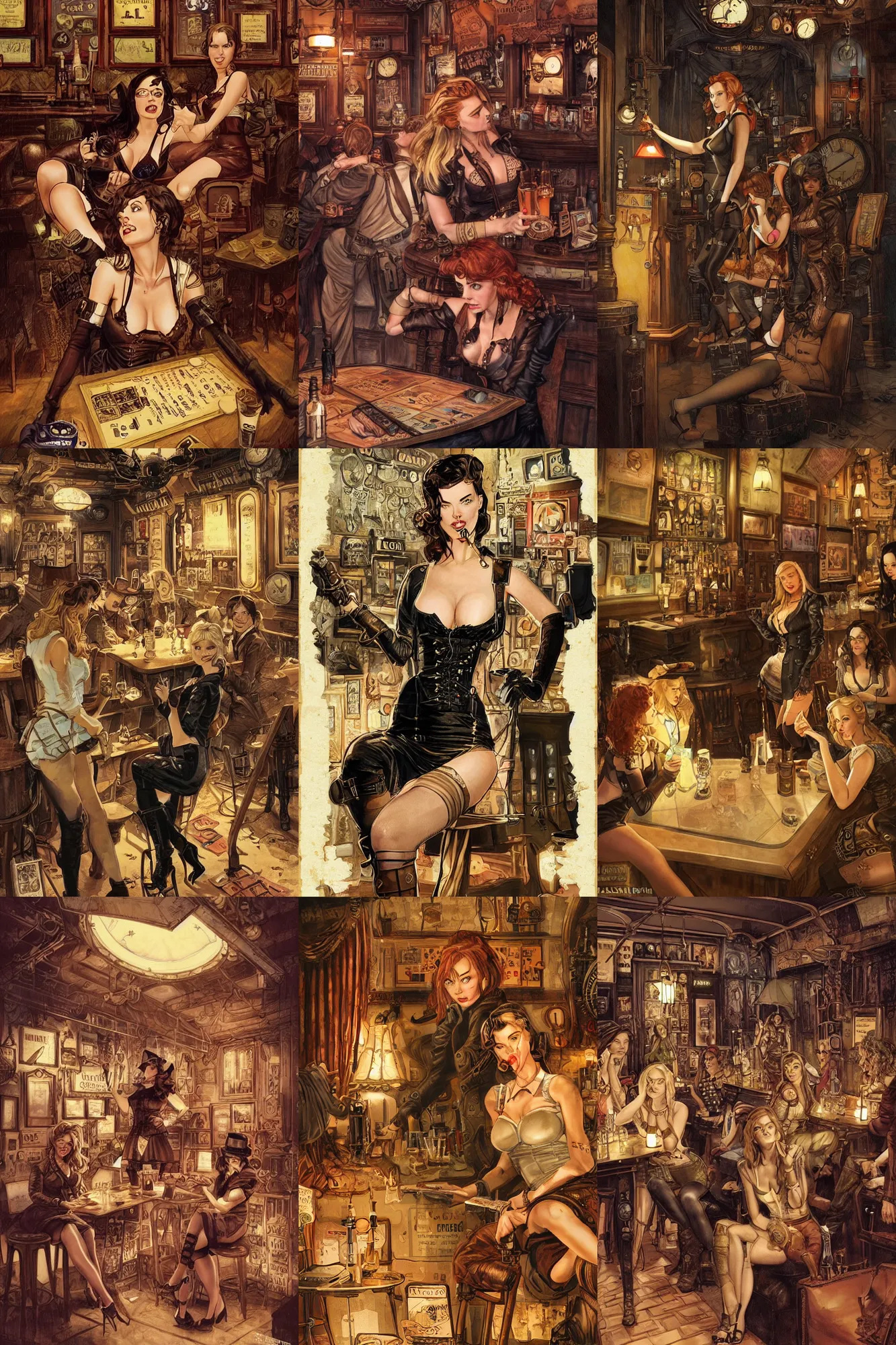 Prompt: women in the interior of a steampunk pub, Milo Manara, night time, Margot Robbie, fun, Scarlett Johanson, zoey Deschannel, smoking cigarettes, playing board games, highly detailed, Quentin Tarantino movie posters, pulp fiction, level design, concept art, artstation, cgsociety, zenith view