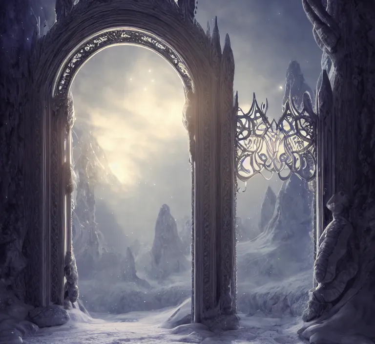 Image similar to a very detailed concept art of intricate and elven white gates to aurora borealis infused with magic, dynamic lighting trending on artstation, symmetry, digital art, 4 k, hyper realistic, octane render, sharp focus