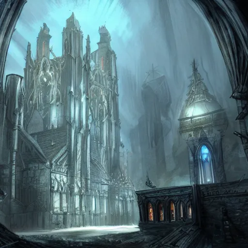 Image similar to cathidral of the deep concept art, darksouls concept art