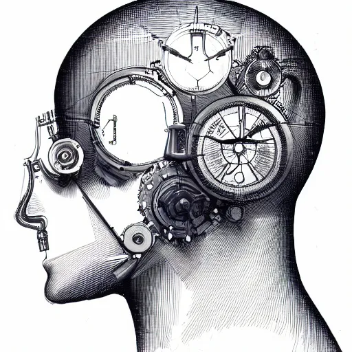 Prompt: schematic view of a steampunk human head, technical drawing, blueprint