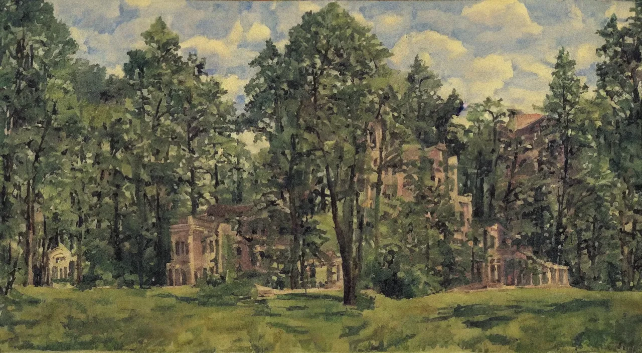 Prompt: the mansion in the woods, in the style of gifford beal,