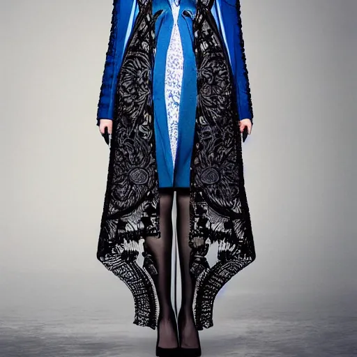 Image similar to fashion 2 0 5 0 fantastic openwork long coat with intricate pattern on a beautiful symmetrical girl with blue hair, hyper realistic photos