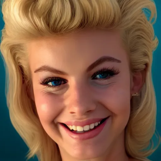 Image similar to a portrait of a beautiful blonde Sandy from Grease (1978), smiling, clear eyes, illustration, soft lighting, soft details, painting oil on canvas, octane render, HDR, trending on artstation, 4k, 8k, HD