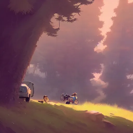 Prompt: goro fujita ilustration hikers parking the car in the forest, characterized by masamune shirow and greg rutkowski, character art, focus, highly detailed, artstation