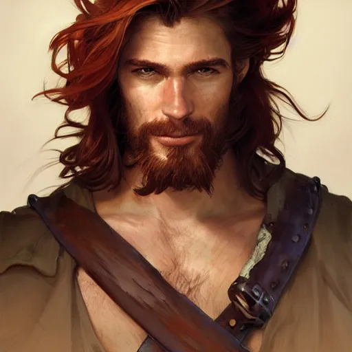 Image similar to portrait of a young ruggedly handsome but joyful pirate, male, masculine, upper body, red hair, long hair, d & d, fantasy, fierce, sharp features, intricate, elegant, highly detailed, digital painting, artstation, concept art, matte, sharp focus, illustration, art by artgerm and greg rutkowski and alphonse mucha