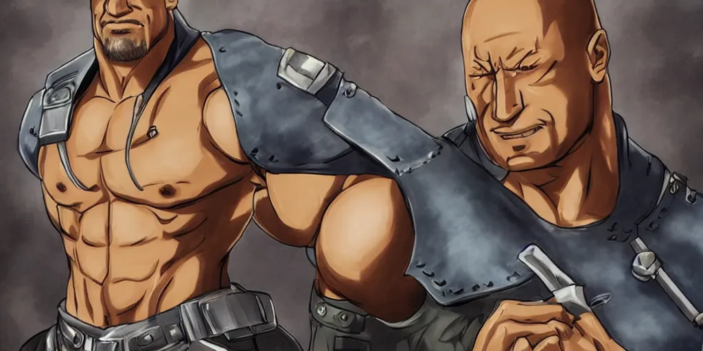 Image similar to anime portrait of dwayne johnson as barret from final fantasy 7