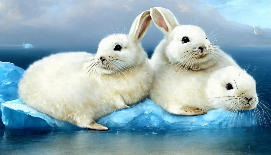 Image similar to highly detailed painting of cute furry white baby seal rabbits cuddling into each other on a blue and white iceberg by william turner, by greg rutkowski, by william constable, thick brush strokes and visible paint layers, 4 k resolution