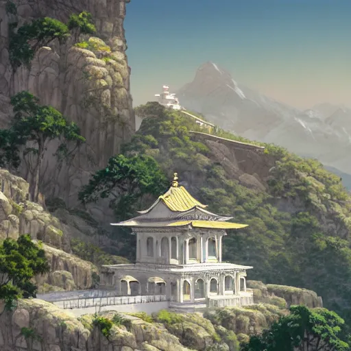 Image similar to concept art painting of a white marble temple on top of a mountain, with greek and japanese architecture, overlooking a valley with a village below, realistic, detailed, cel shaded, in the style of makoto shinkai and greg rutkowski and albert bierstadt and james gurney