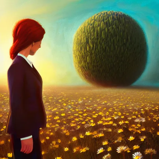 Prompt: giant daisy flower head, frontal, woman in a suit, surreal photography, sunrise, dramatic light, impressionist painting, digital painting, artstation, simon stalenhag