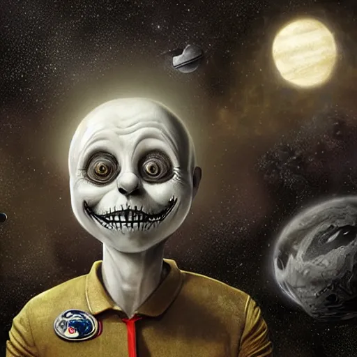 Image similar to michal karcz surrealism drawing of the end of an astronaut happy in the galaxy. , in the style of jack skellington, in the style of a clown, loony toons style, horror theme, detailed, elegant, intricate, 4k, Renaissance painting