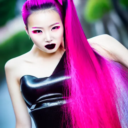 Prompt: a beautiful portrait photo of a very beautiful young Chinese female model wearing futuristic cyber gothic outfit, bright pink streaks of hair, hair tied in a cute way, cute smile, beautiful detailed eyes, golden hour in Beijing, outdoors, professional award winning portrait photography, Zeiss 150mm f/2.8 Hasselblad