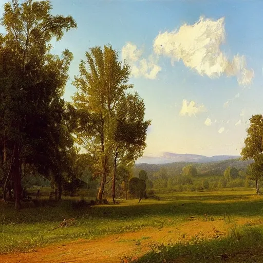 Prompt: Peaceful landscape, early morning, lush field, forest, matte painting, by Isaac Levitan and Asher Brown Durand