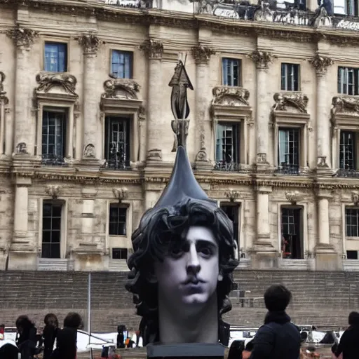 Prompt: the giant sculpture of Timothee Chalamet's head outside of the Louvre