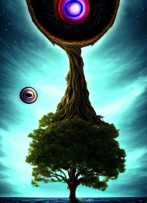 Image similar to a god tree from which planets or galaxies hang instead of futas, the tree is on top of a calm sea, in the background there is an eye whose iris coincides with the tree. fantasy art, horror, nightmare, photo realistic, dynamic lighting, artstation, poster, volumetric lighting, very detailed faces, 4 k, award winning