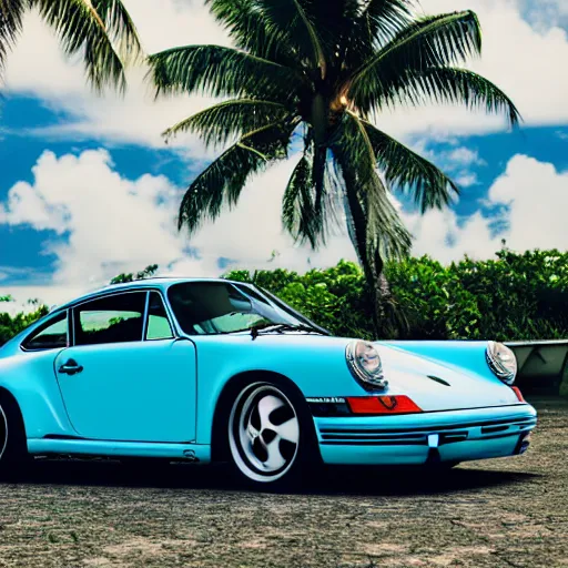 Image similar to porsche on the tropical island, professional photography, vaporwave