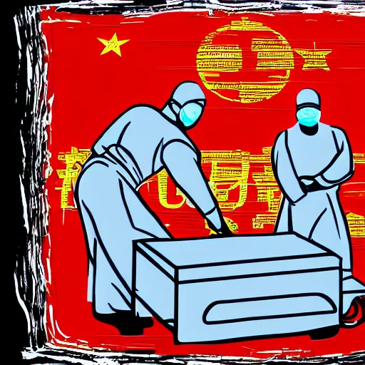 Prompt: chinese surgeons operating on a body on an operating table, in the style of daniel johnston, 8k, line brush, minimal, overlaid with chinese adverts