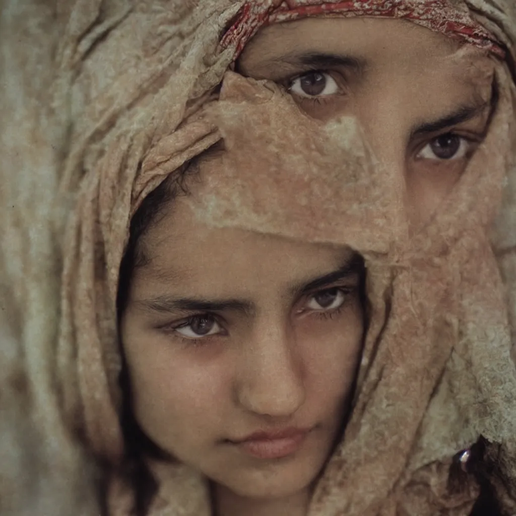 Image similar to a teenage girl og afghani descent with strikning green eyes stares into the camera with deep read headscarf. kodachrome